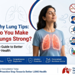 "7 Healthy Lung Tips: How Do You Make Your Lungs Strong?" by Accord Multi Specialty Hospitals, featuring a woman taking a deep breath with glowing lung graphics and lifestyle tip icons.